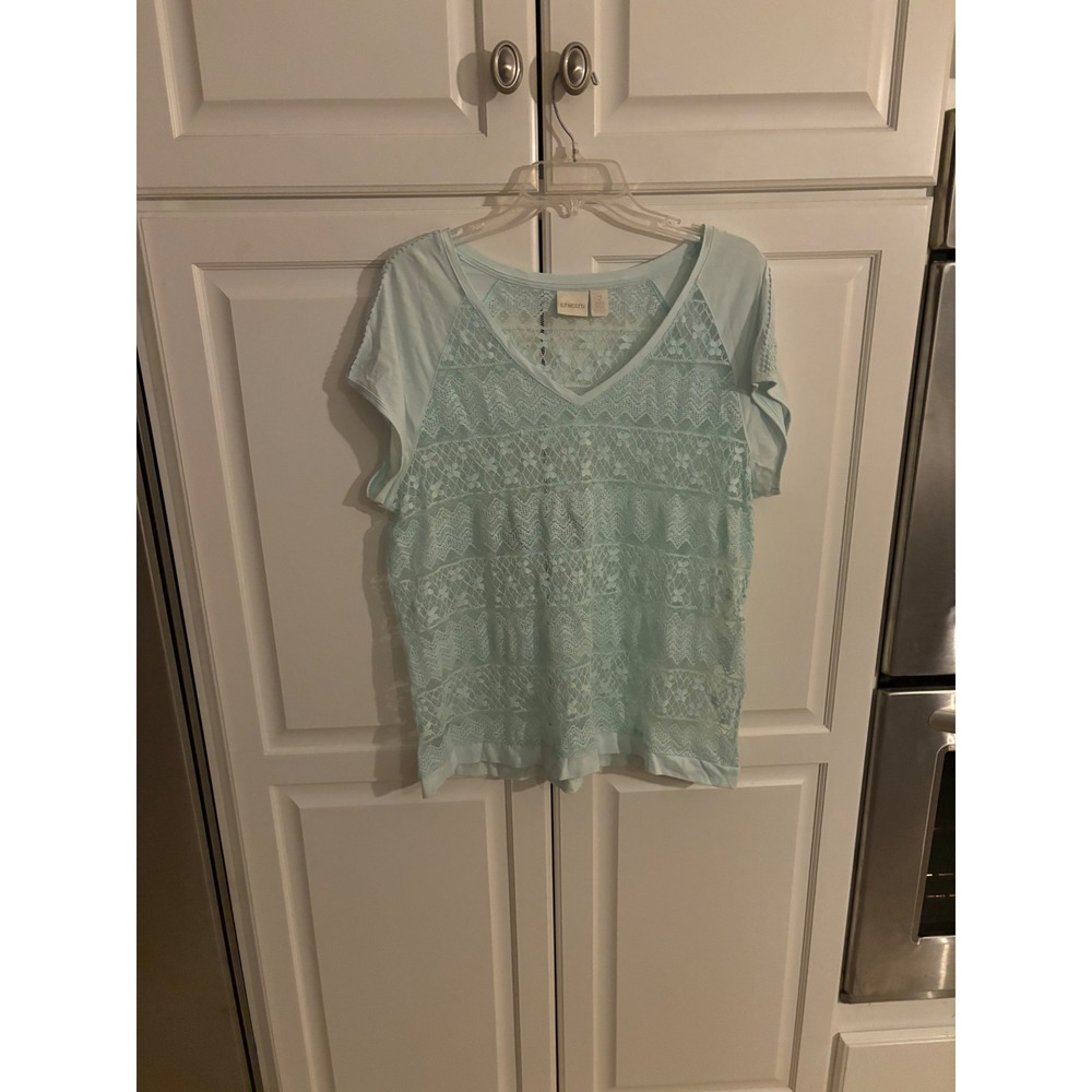 Chicos Light Aqua Blue Lace Overlay V-Neck Short Sleeve Top Size 2 Large